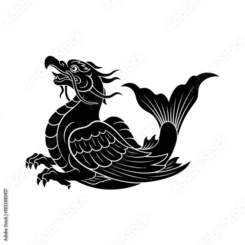 Mythical Dragon Silhouette Black and White Illustration Art Style Fantasy Creature Tattoo Design.jpg
