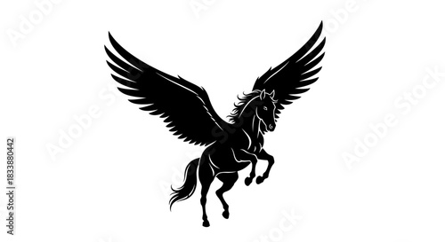 Mythical Pegasus Silhouette Featuring Flying Horse With Spread Wings on White Background.jpg