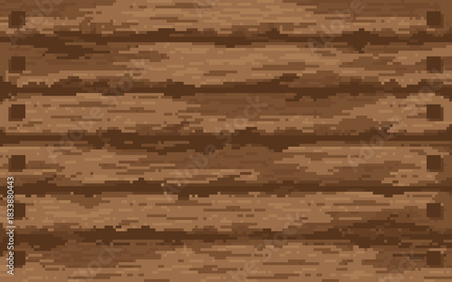 A seamless pixel art texture depicting a weathered dark brown wooden wall or floor made of planks, secured with visible nails. Features a rough, rustic 8-bit or 16-bit video game aesthetic, background
