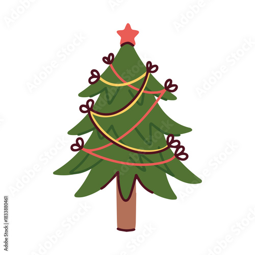 Green fir tree wrapped in delicate festive strings and bows. Isolated holiday element for New Year greeting cards, winter decor and seasonal design.