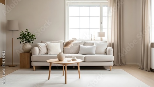 Living Room Interior with Couch, Table, and Neutral Color Scheme