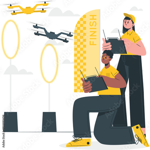 People controlling drones at a drone race finish line vector illustration