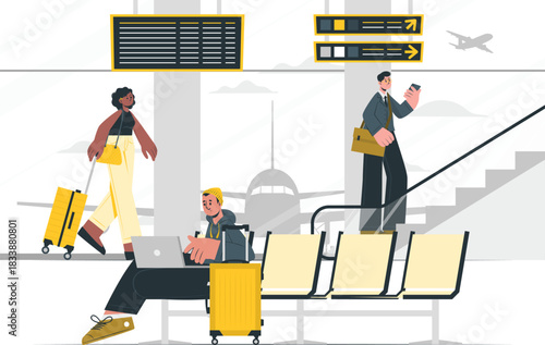 People in airport waiting area with luggage and flight board vector illustration