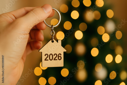 Hopeful hand holding wooden house keychain for 2026, new home goal with festive Christmas bokeh background light