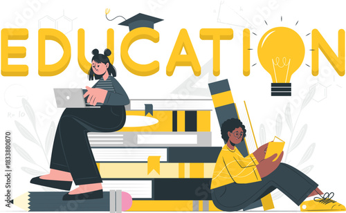 People Learning with Books, Laptop and Lightbulb education