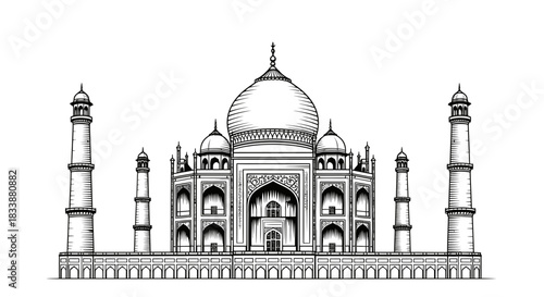 Taj Mahal Black and White Illustration With Four Minarets.jpg