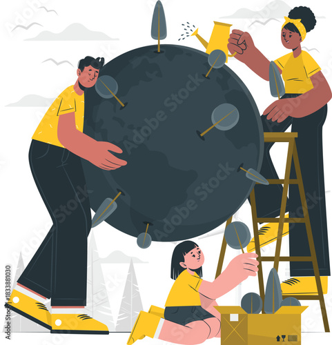 People planting trees on a globe with watering can Keywords: earth, planet, globe, planting