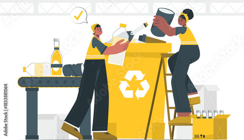 People sorting recyclable materials at a recycling facility waste garbage