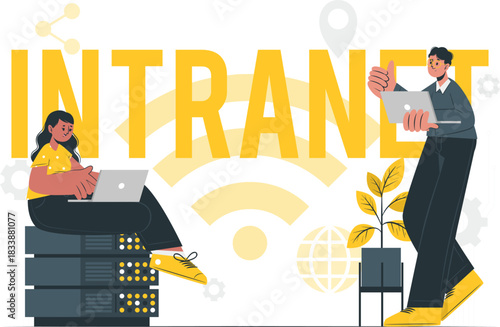 People using laptops and servers with the word INTRANET intranet network