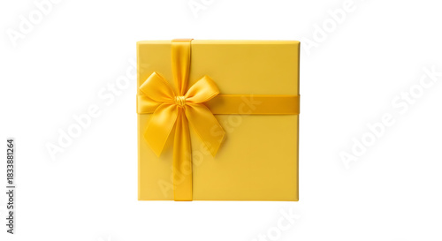 Elegant yellow gift box with a satin ribbon and bow isolated on transparent background
