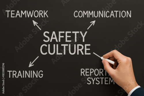 Wallpaper Mural Serious safety culture concept for workplace. diagram showing teamwork, communication, and training on blackboard Torontodigital.ca