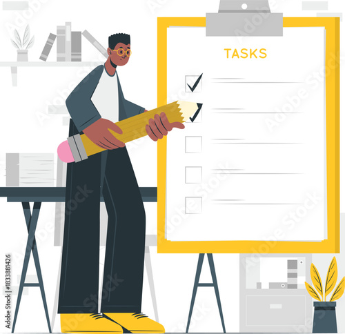 Person checking off tasks on a large checklist with a pencil to-do list planning