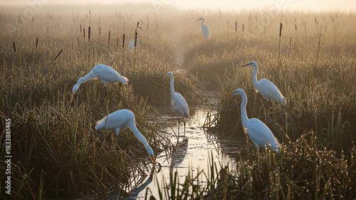 Group of Great Egrets wading in shallow water at sunrise surrounded by reeds.