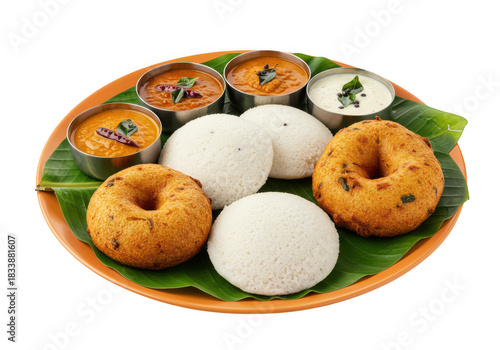 South indian breakfast platter with idli, vada, and sambar isolated on transparent background