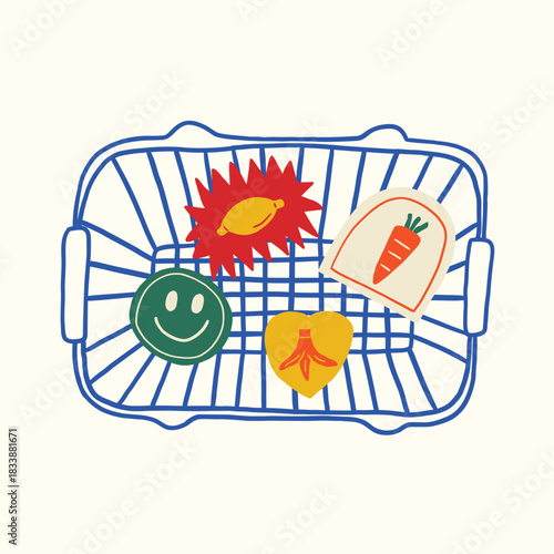 shopping basket sticker cartoon illustration