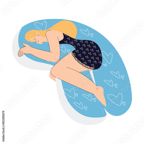 Woman Sleep Embracing Soft Pillow Have Sweet Dreams Vector Illustration