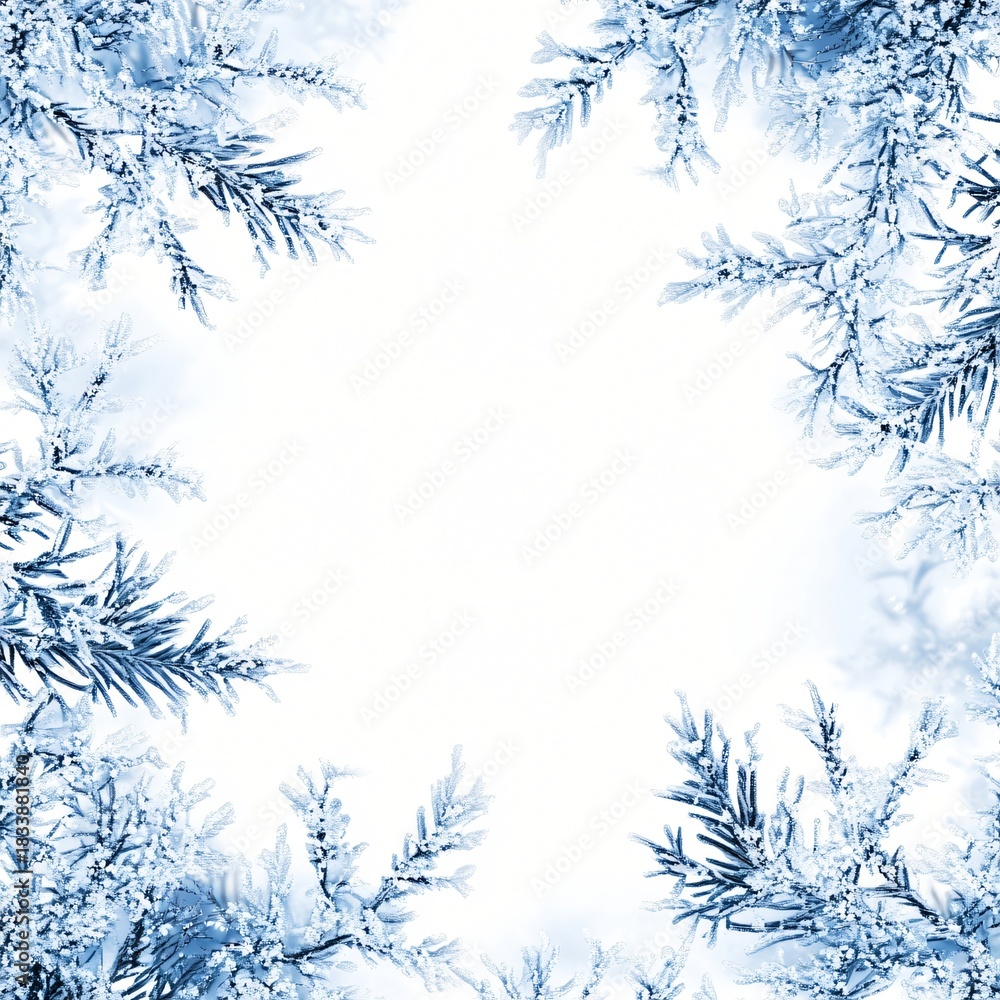 Obraz premium Frost covered evergreen branches frame a bright white central copy space in winter
