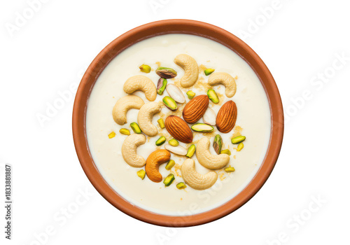 Kheer dessert with nuts and pistachios isolated on transparent background