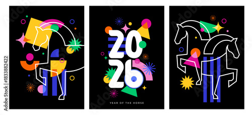 Modern colorful geometric banner templates for Chinese New Year 2026 - Year of the Horse. social media promotional content social media promotional content
