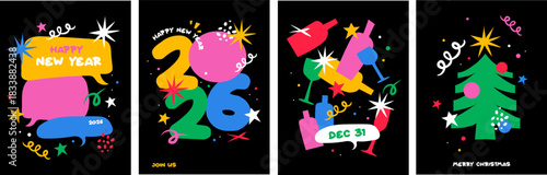 Abstract colorful geometric Happy New Year 2026 templates. social media promotional content in bold colorful modern style.