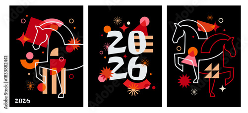 Modern geometric vertical banners for Chinese New Year 2026 - Year of the Horse