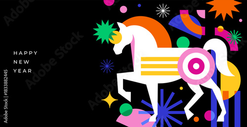 Modern geometric horizontal banner for Chinese New Year 2026 - Year of the Horse. social media promotional content
