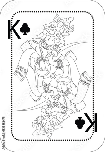 Detailed Indian line art illustration styled as a traditional playing card, featuring an ornate mythological warrior king design in black and white with intricate decorative elements.