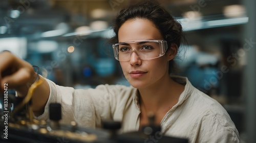 A scientist regulating a laser experiment from behind protective glass, calibrated knobs and digital sliders ensuring perfect alignment — lab precision, optical control, and cutting-edge research