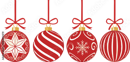 Red festive ornament collection, Christmas balls with detailed patterns, polished vector style, premium quality, smooth and modern holiday decoration.