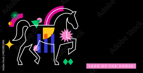 Modern geometric horizontal banner for Chinese New Year 2026 - Year of the Horse. social media promotional content