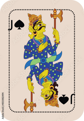Detailed Indian line art illustration styled as a traditional playing card, featuring an ornate mythological warrior king design in black and white with intricate decorative elements.