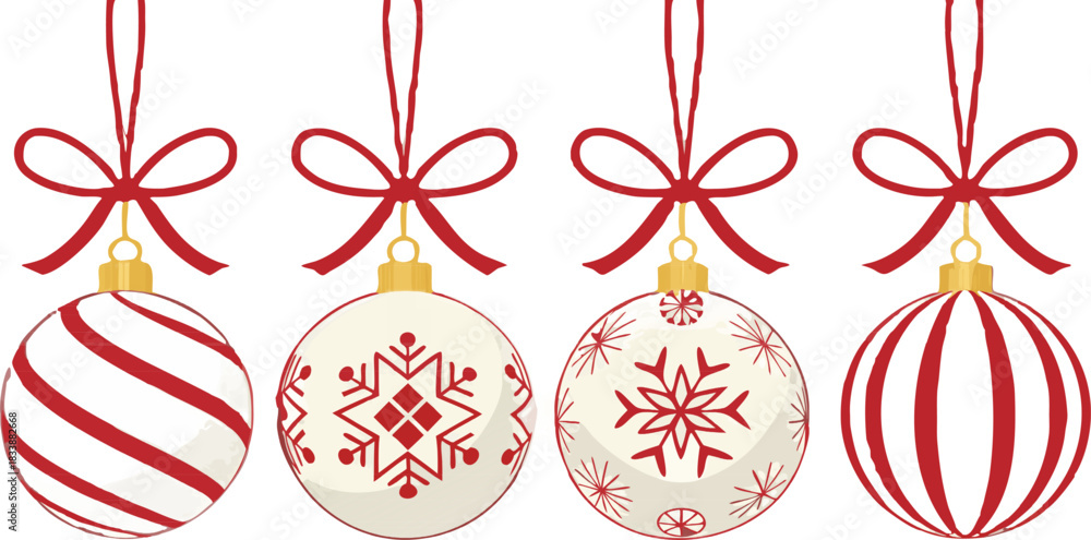 Fototapeta premium Red Christmas ornaments vector set, shiny festive spheres with elegant patterns, clean design, high-resolution, premium holiday décor, modern and polished.