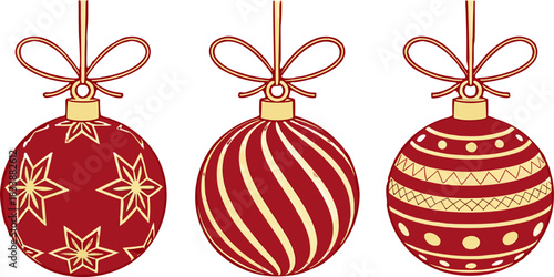 Glossy red Xmas balls with decorative prints, smooth vector style, elegant holiday elements, high-quality, festive, professional and visually appealing.