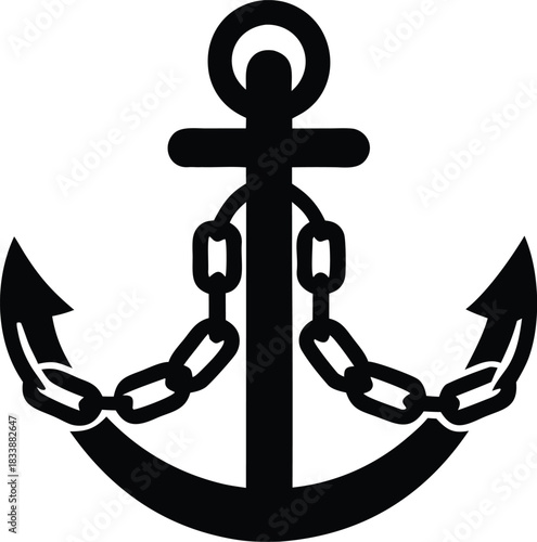Nautical marine symbol: a heavy vintage steel boat anchor with rope and chain illustrated as an icon on a white background