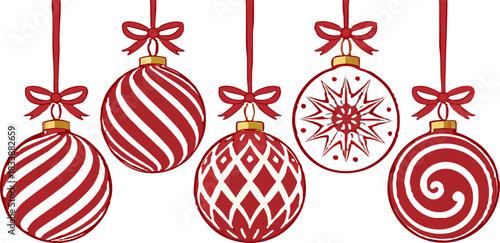 Elegant red Christmas balls vector set, patterned holiday ornaments, smooth glossy finish, high-resolution, festive, clean, stylish and professional.