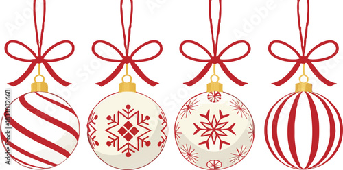 Red Christmas ornaments vector set, shiny festive spheres with elegant patterns, clean design, high-resolution, premium holiday décor, modern and polished.