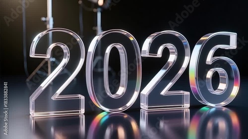 Crystal clear numbers representing the upcoming year 2026 in a studio setting with dramatic lighting.