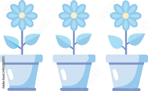 Colorful flowers and green leaf plants in decorative flowerpots create a bright spring gardening set for nature illustration