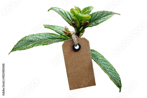 Eco Friendly Product Tag on Vibrant Green Leaf Stem Sustainable Branding Natural Products Black