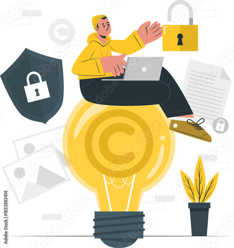 Person on laptop on lightbulb with copyright and security symbols intellectual property protection