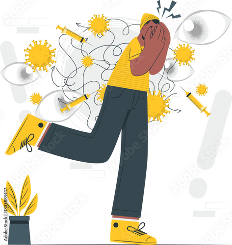 Person overwhelmed by fear of viruses and needles Keywords: person, fear, anxiety, overwhelmed