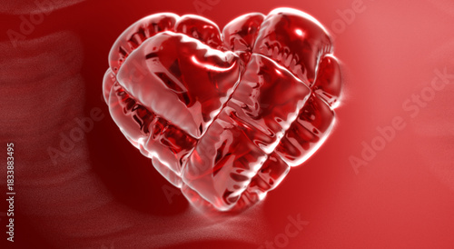 Glossy red heart-shaped balloon with quilted texture against gradient red background. Inflated 3D form evokes Valentine’s themes of love, emotion, and celebration with modern visual impact.