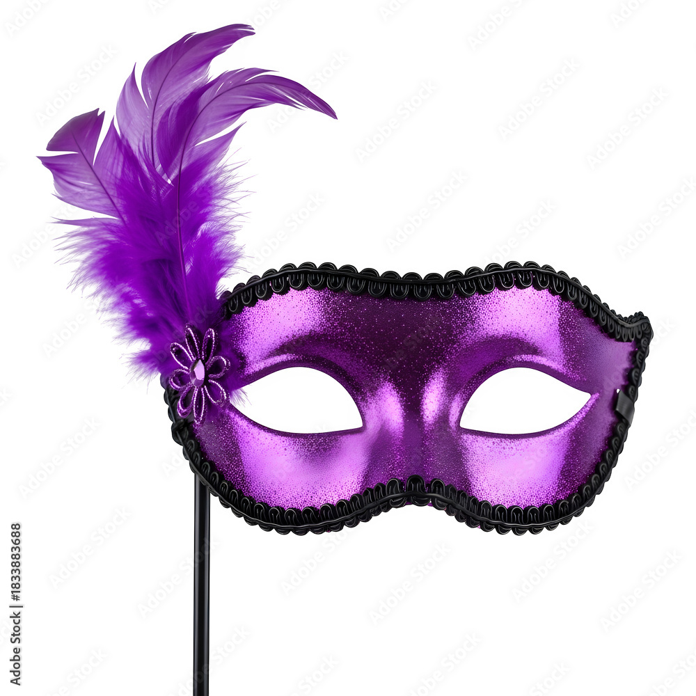 Fototapeta premium Purple masquerade mask with feathers and glitter on stick isolated on transparent background