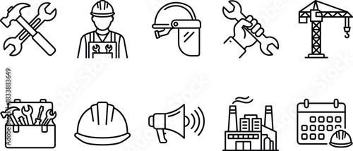 Worker, Construction, and Labor Icon Set: Safety Helmet, Tool Box, Factory Building, Crane, and Industrial Engineering Line Art Vector