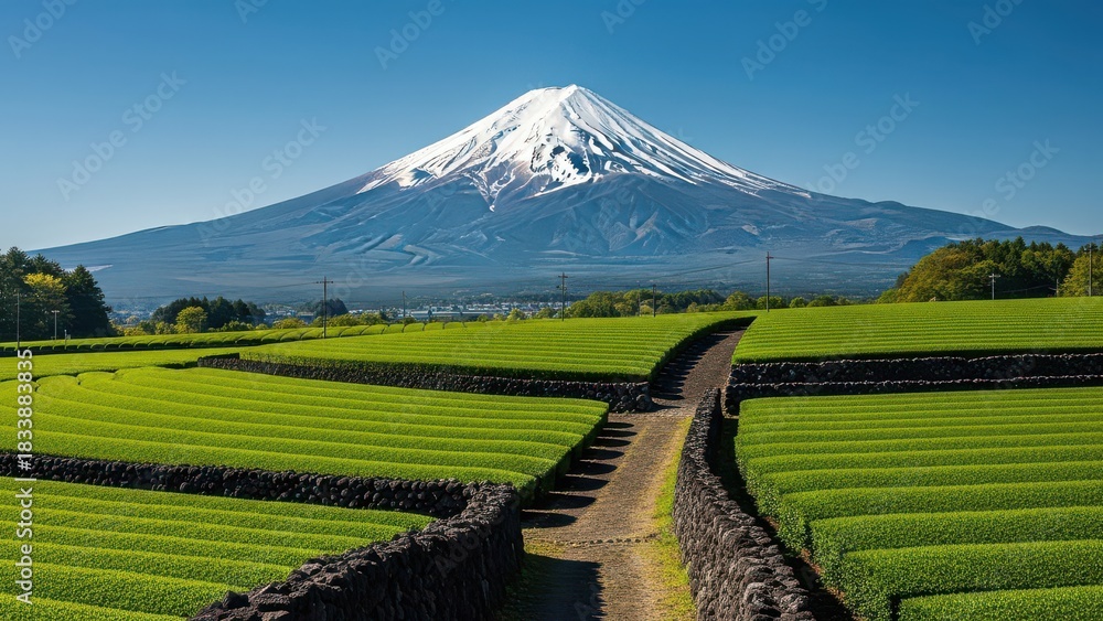 Naklejka premium Mount Fuji a snow-capped volcano in Japan rises above green tea fields under a clear blue sky a scenic landscape