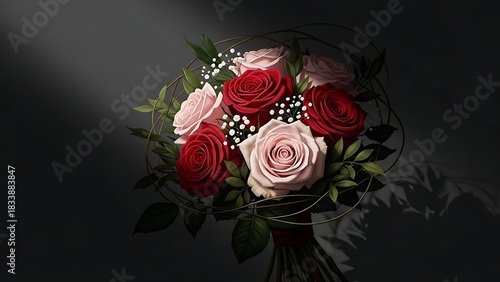 Elegant bouquet of red and pink roses with delicate white accents against a dark background