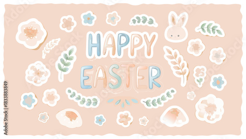 Cute pastel watercolor happy easter lettering with bunny and floral elements on a soft peach background perfect for spring holiday designs