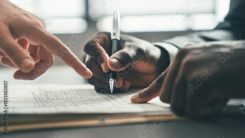 Person signing a contract in the office