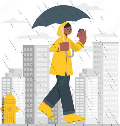 Person walking in rain with umbrella and smartphone in city urban