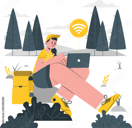 Person with laptop and backpack in nature with Wi- Fi signal trees